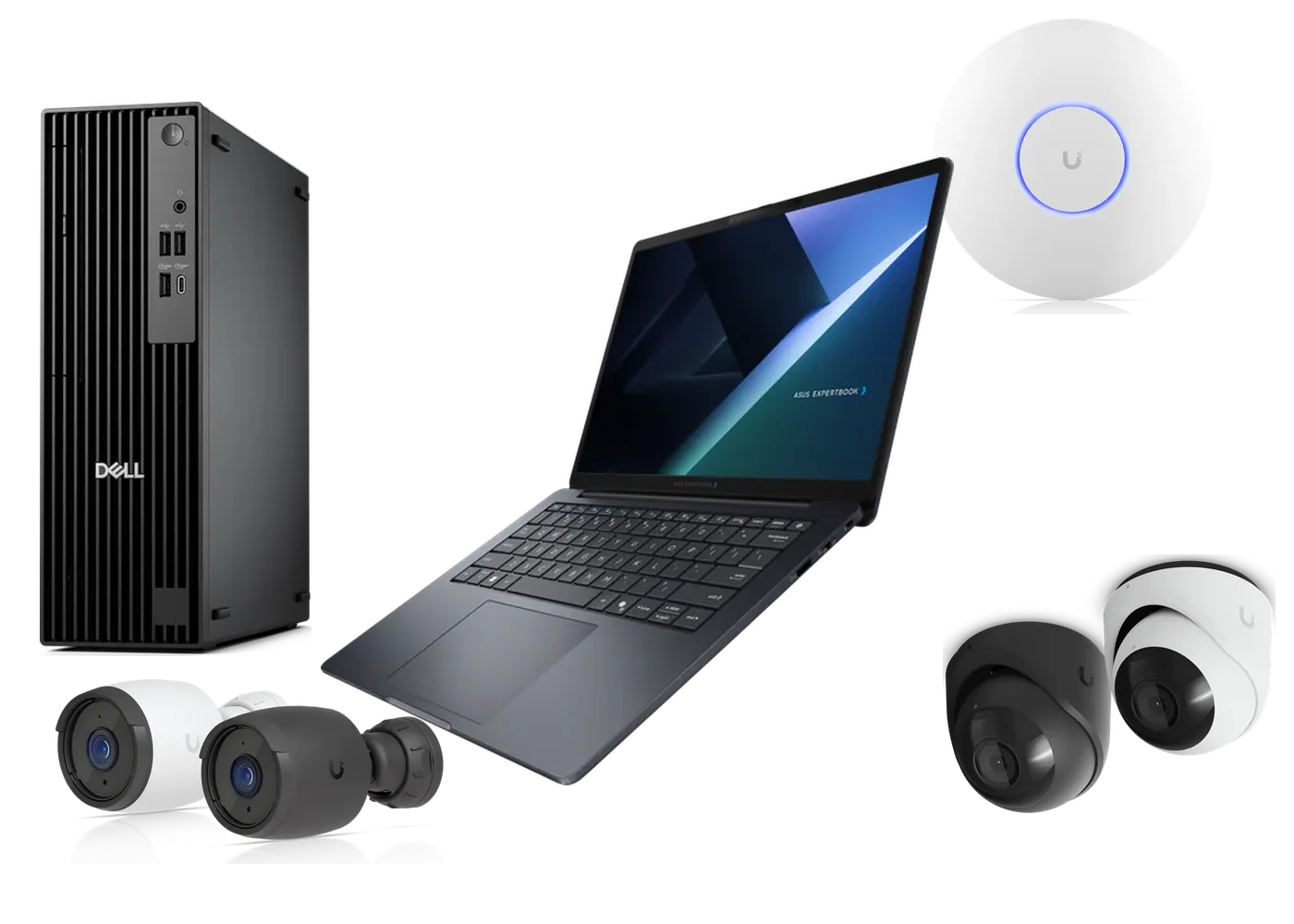 A Dell Pro Slim desktop and an Asus ExpertBook laptop with Ubiquiti UniFi cameras and a Wi-Fi 7 access point