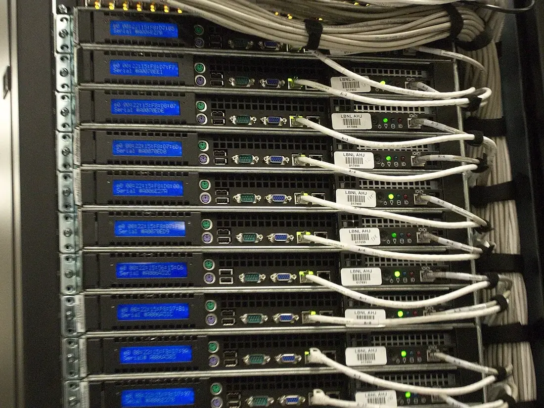 Servers and network cabling in a rack